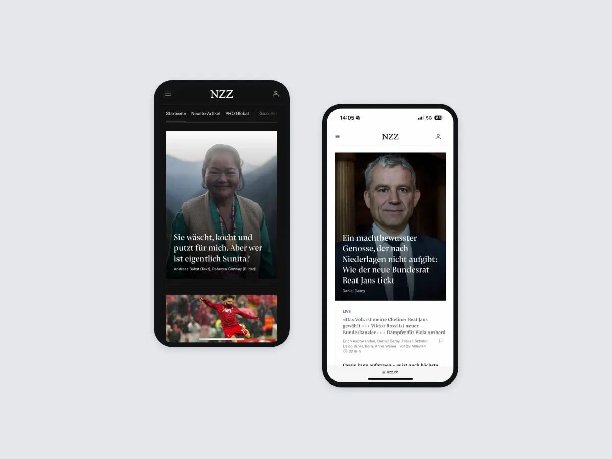 The new full-screen teaser on the NZZ front page, on two phones in dark and light mode